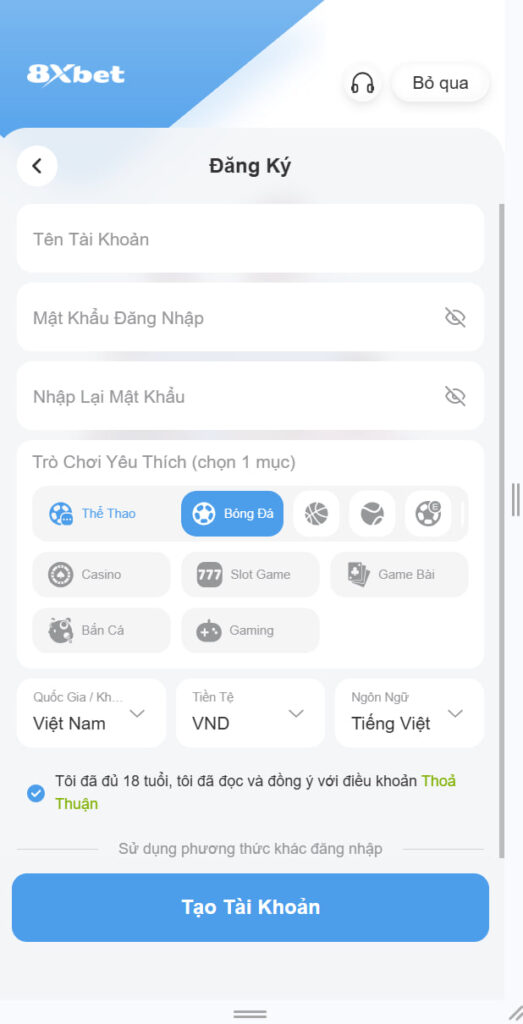 Đăng ký tài khoản 8XBET